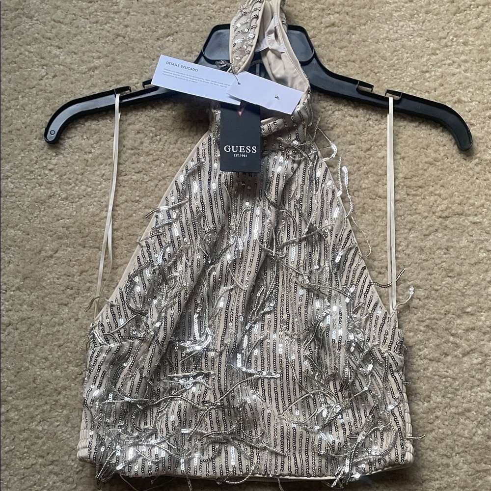 GUESS Cream and Silver Sequin Halter Top
